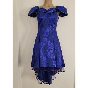 VTG 80s Marnie Prom Dress Blue Jacquard Off Shoulder High Low W/ Wrap Size 11